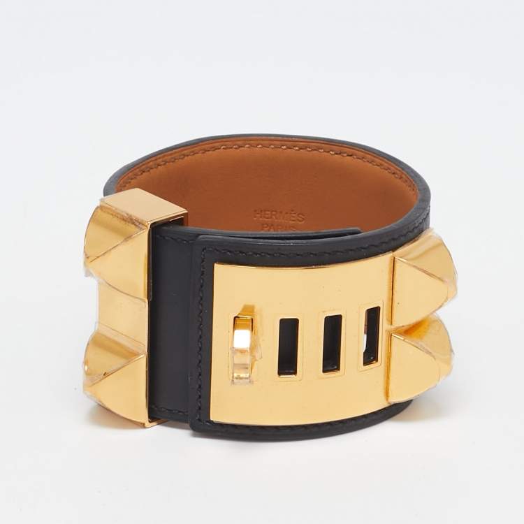 مملوكة مسبقًا Hermes Collier de Chien Black Leather Gold Plated Cuff Bracelet
