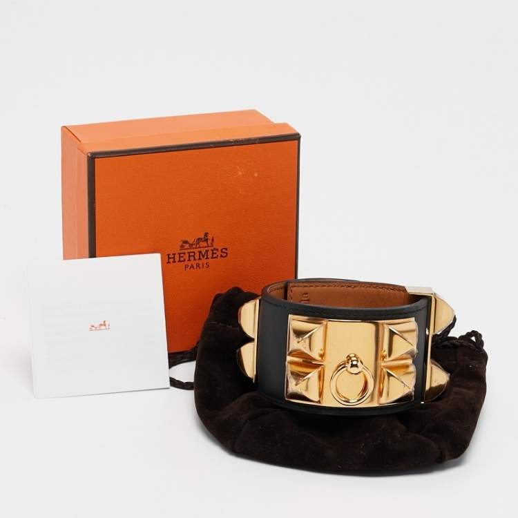 مملوكة مسبقًا Hermes Collier de Chien Black Leather Gold Plated Cuff Bracelet