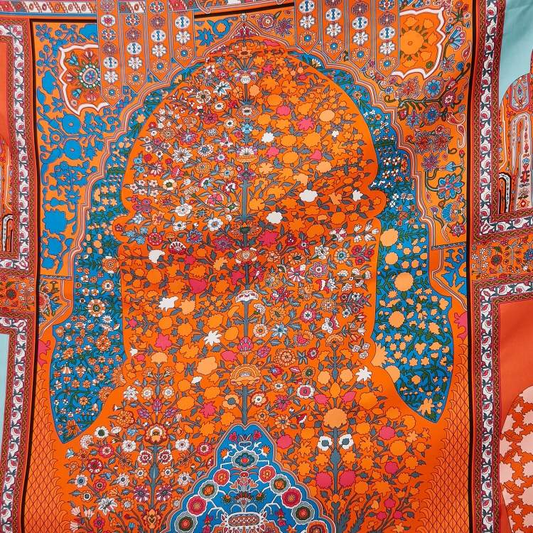 Pre Owned Hermès Orange/Cobalt Geant Twill Silk Tapis Persans Scarf