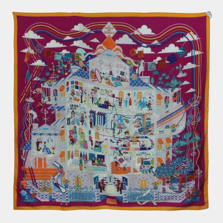 Pre Owned Hermes Bougainvillier/ Jaune Cashmere, Silk La Maison des Carres 140 Cashmere Shawl