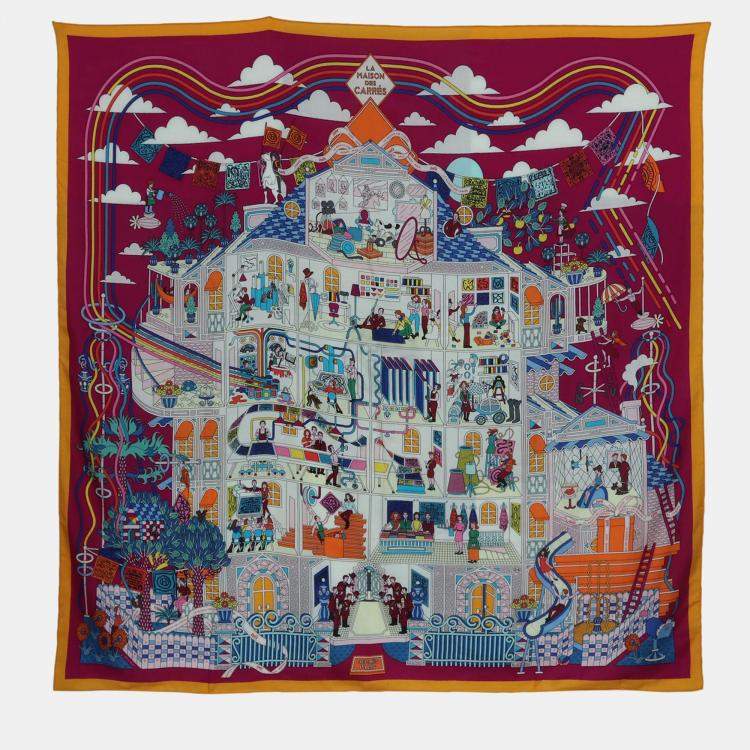 Pre Owned Hermes Bougainvillier/ Jaune Cashmere, Silk La Maison des Carres 140 Cashmere Shawl
