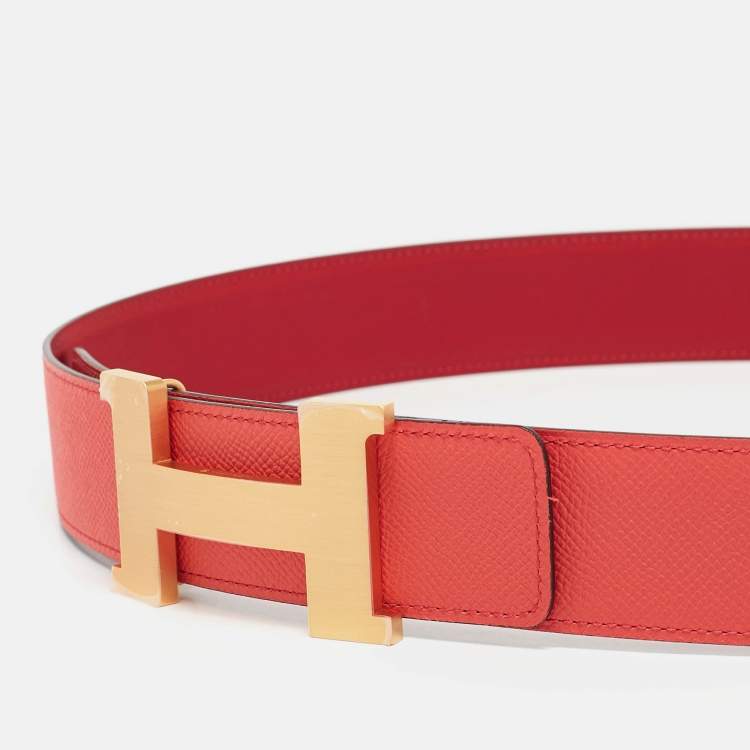 Pre Owned Hermes Rouge Casaque/Rose Jaipur Epsom Leather Brushed Constance Buckle Reversible Belt 105 CM