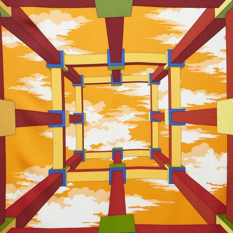Pre Owned Hermes Orange Silk Perspective II Scarf 