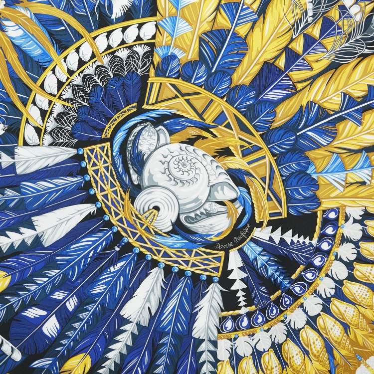 Pre Owned Hermes Black Danse Pacifique Print Silk Twill Scarf 