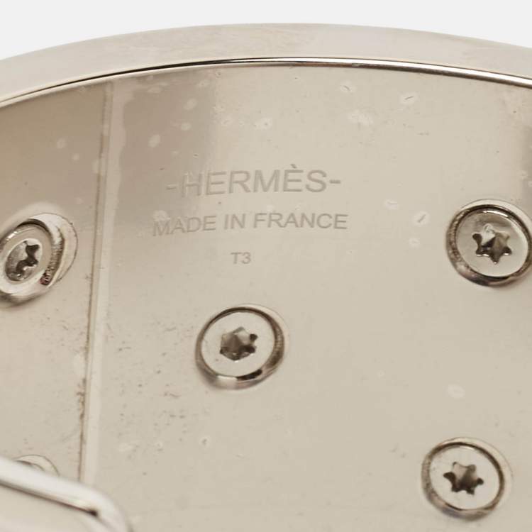 Pre Owned Hermès Collier De Chien Medor Gaine Leather Palladium Plated Cuff Bracelet