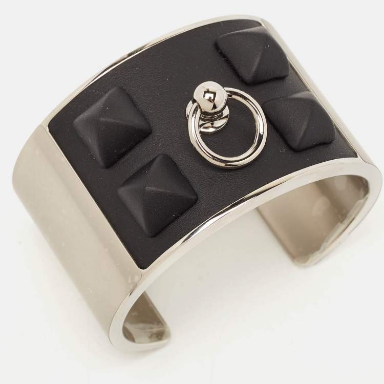 Pre Owned Hermès Collier De Chien Medor Gaine Leather Palladium Plated Cuff Bracelet