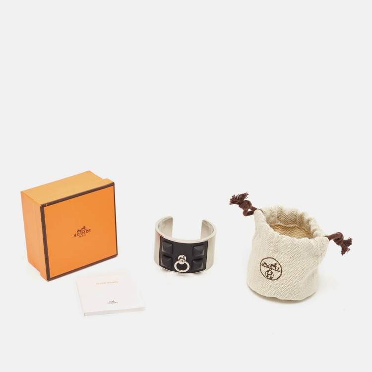Pre Owned Hermès Collier De Chien Medor Gaine Leather Palladium Plated Cuff Bracelet