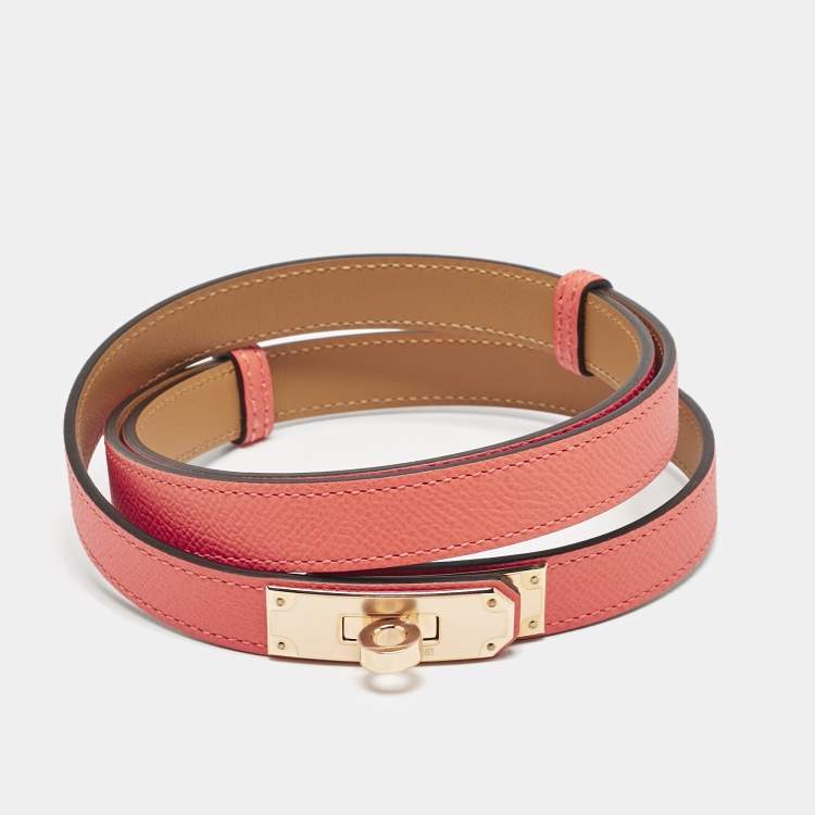 Pre Owned Hermes Orange Field Epsom Leather Rose Gold Finish Kelly 18 Belt Adjustable