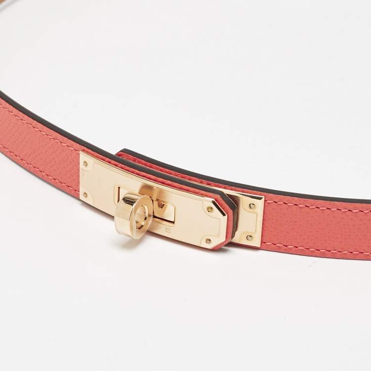 Pre Owned Hermes Orange Field Epsom Leather Rose Gold Finish Kelly 18 Belt Adjustable