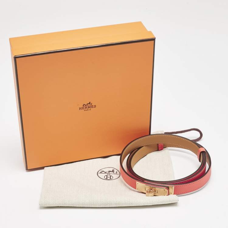 Pre Owned Hermes Orange Field Epsom Leather Rose Gold Finish Kelly 18 Belt Adjustable