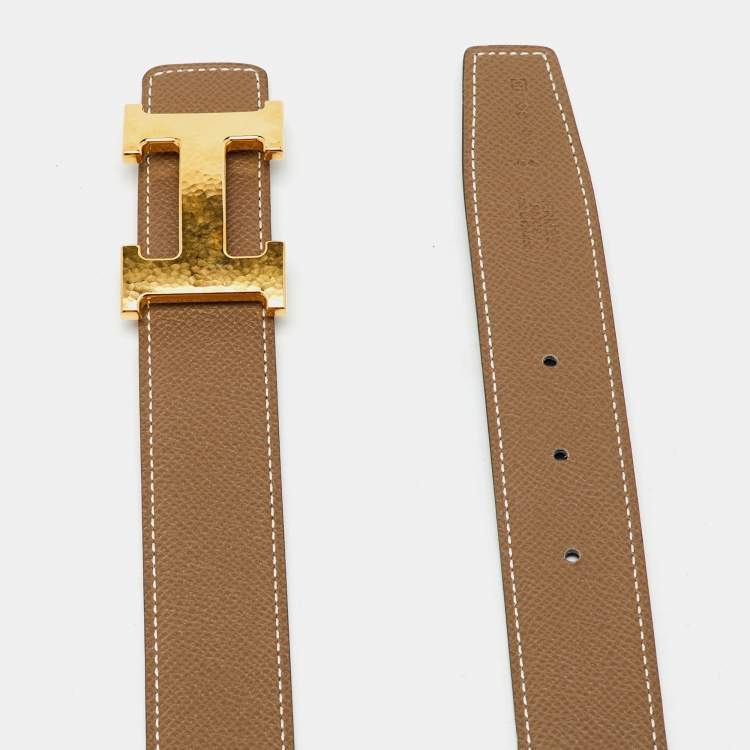 Pre Owned Hermes Etain/Black Epsom and Swift Leather H Buckle Reversible Belt 85CM