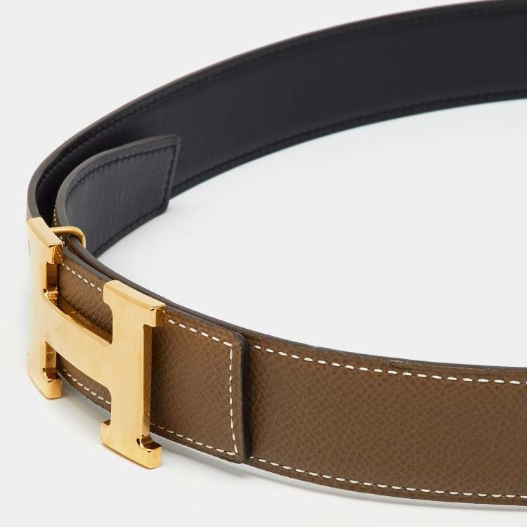 Pre Owned Hermes Etain/Black Epsom and Swift Leather H Buckle Reversible Belt 85CM