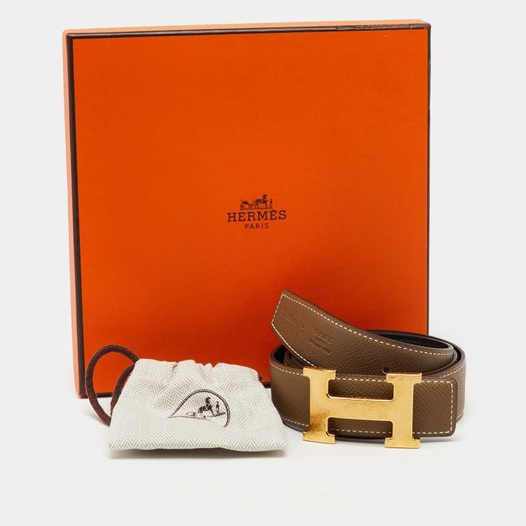 Pre Owned Hermes Etain/Black Epsom and Swift Leather H Buckle Reversible Belt 85CM