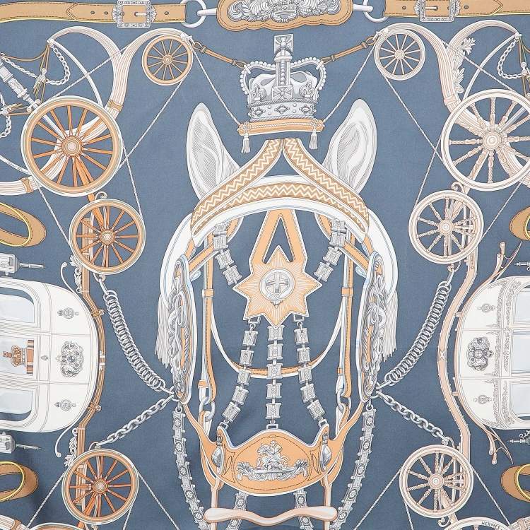 Pre Owned Hermès Bleu Silk Stately Wheels Scarf