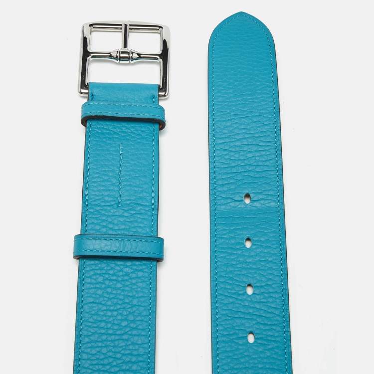 Pre Owned Hermes Blue Zanzibar Taurillon Clemence Leather Etriviere Belt Size 95 CM