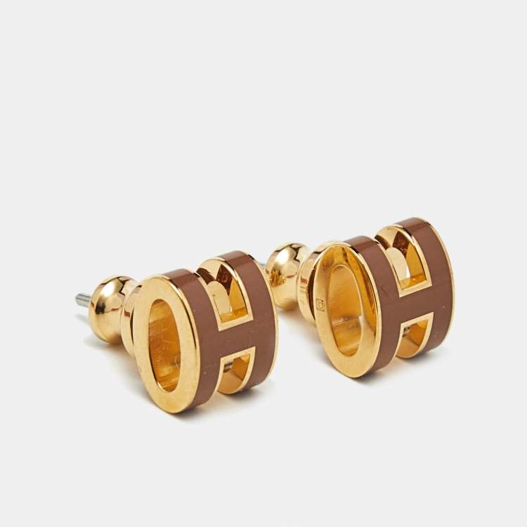 Pre Owned Hermès Mini Pop H Brown Enamel Gold Plated Earrings