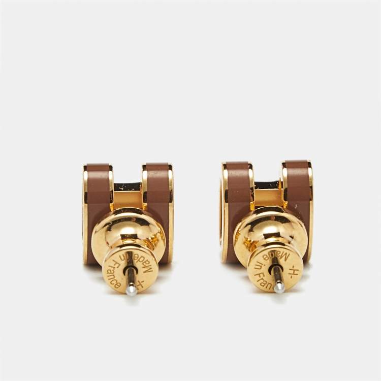 Pre Owned Hermès Mini Pop H Brown Enamel Gold Plated Earrings