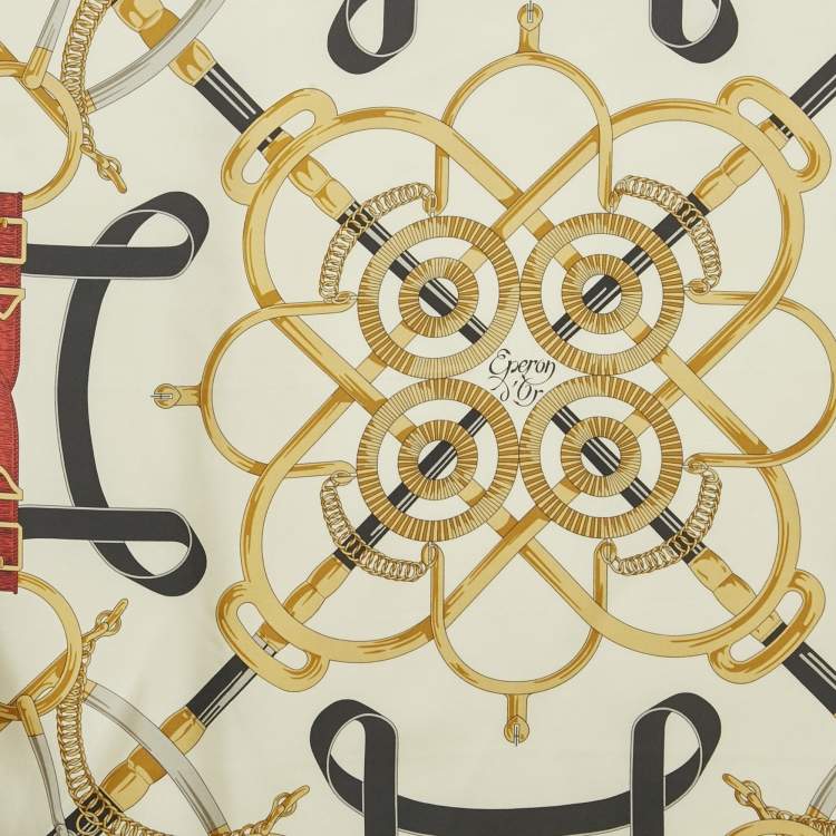 Pre Owned Hermès Caramel Brown/Off-White Eperon D'Or Print Silk Square Scarf 