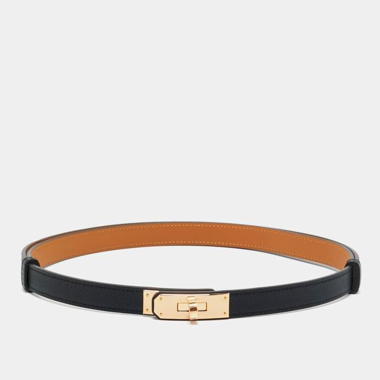 Pre Owned Hermès Noir Epsom Leather Rose Gold Finish Kelly 18 Adjustable Belt
