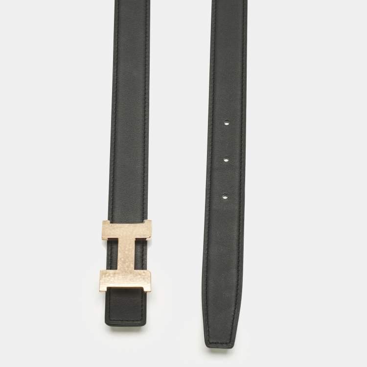 Pre Owned Hermes Etoupe/Noir Epsom and Swift Leather H Martelee Buckle Reversible Belt 85 CM