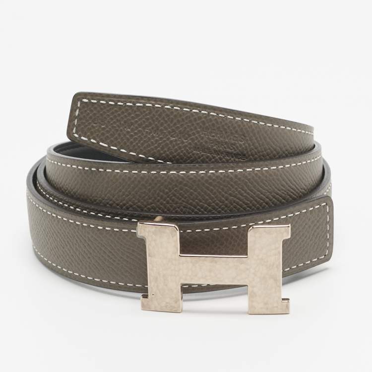 Pre Owned Hermes Etoupe/Noir Epsom and Swift Leather H Martelee Buckle Reversible Belt 85 CM