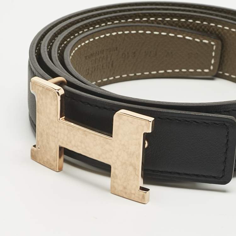 Pre Owned Hermes Etoupe/Noir Epsom and Swift Leather H Martelee Buckle Reversible Belt 85 CM