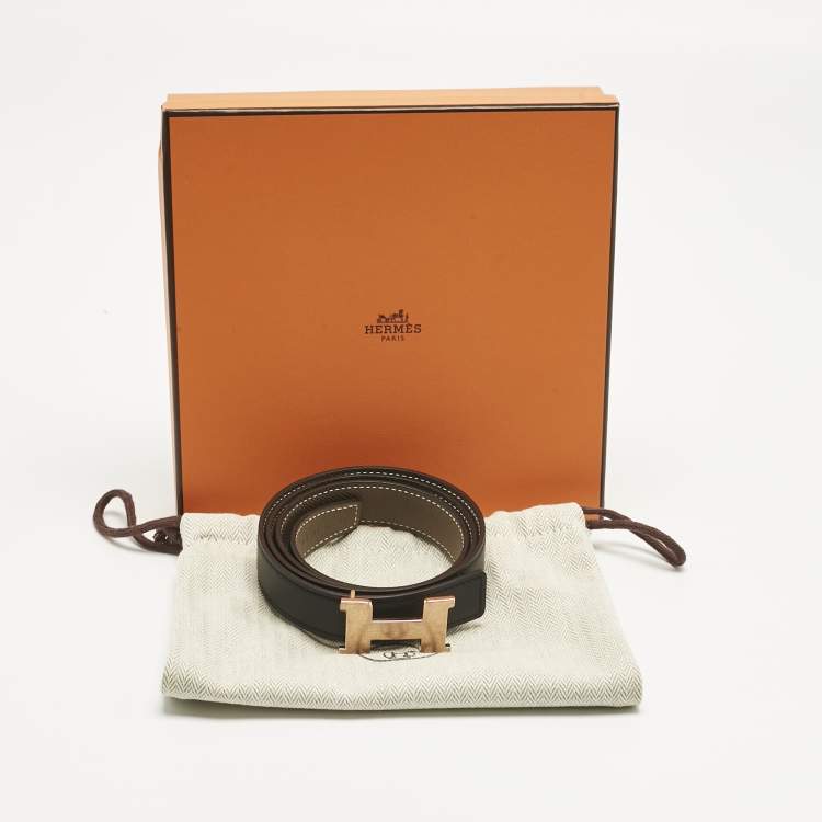 Pre Owned Hermes Etoupe/Noir Epsom and Swift Leather H Martelee Buckle Reversible Belt 85 CM