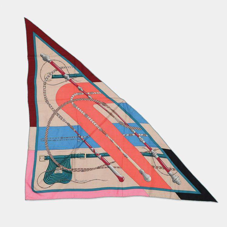 مملوكة مسبقًا Hermes Carre Triangle "Clic" Rose Vif / Blue / Multicolorh361662S 06 Cashmere70% Silk30%