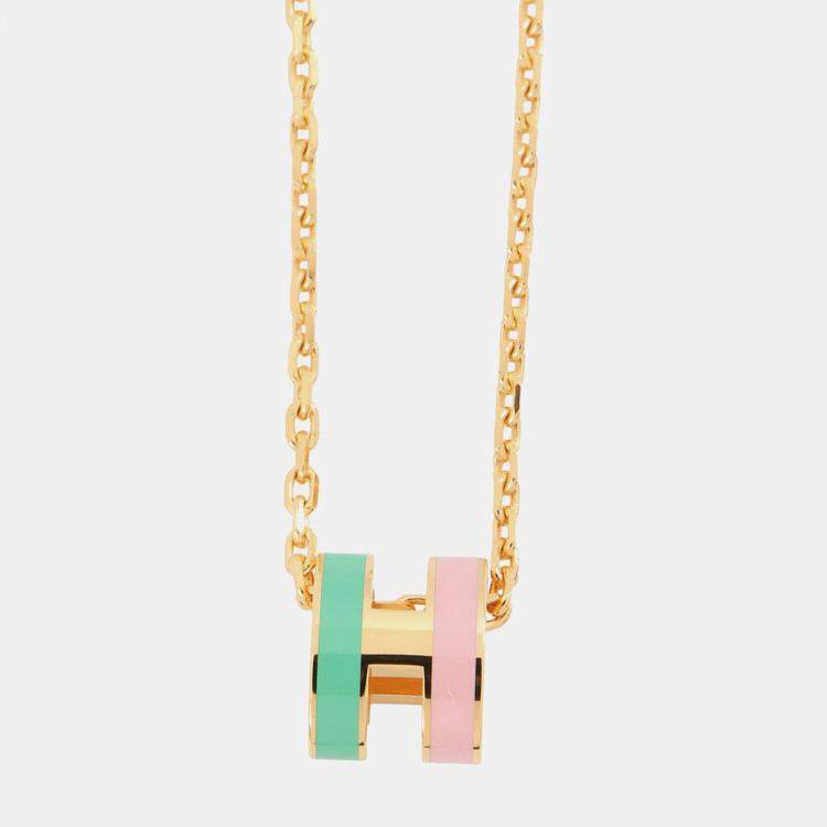 Pre Owned Hermes Pop Ash Rocabar Necklace Malabar Vert/Rose Lacquer Gold Plated