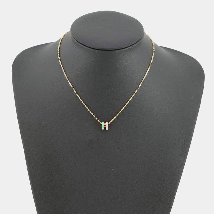 Pre Owned Hermes Pop Ash Rocabar Necklace Malabar Vert/Rose Lacquer Gold Plated