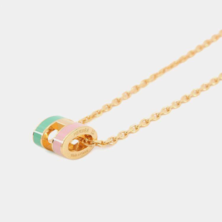 Pre Owned Hermes Pop Ash Rocabar Necklace Malabar Vert/Rose Lacquer Gold Plated