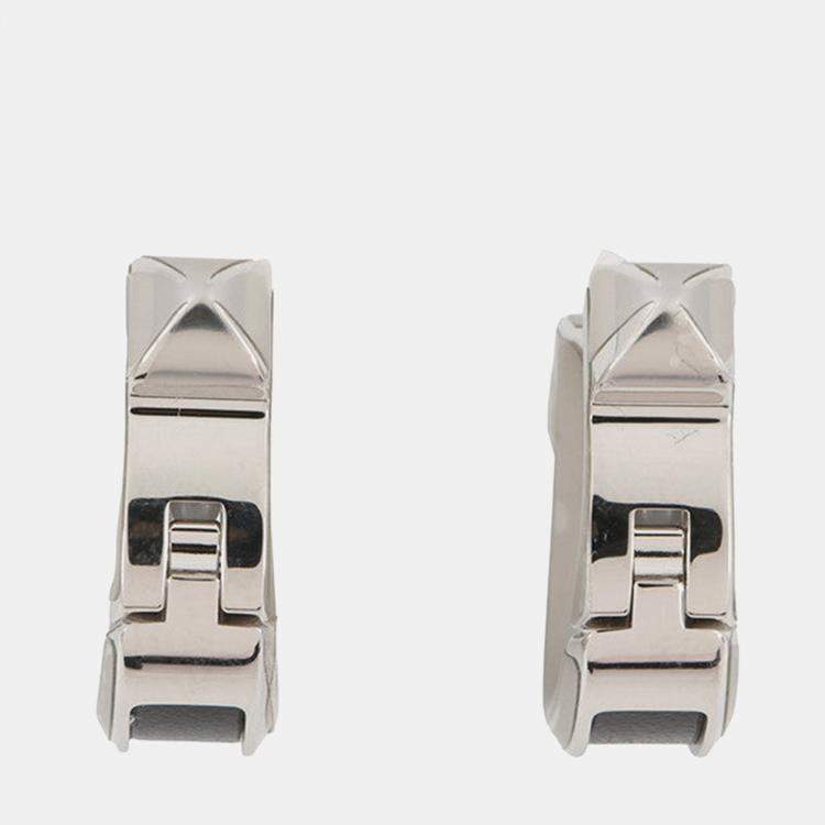 Pre Owned Hermes Earrings Oquette Size Pm Black Box Calf Leather Metal