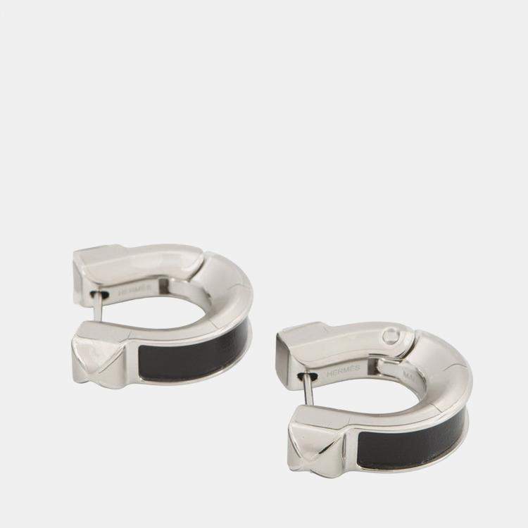 Pre Owned Hermes Earrings Oquette Size Pm Black Box Calf Leather Metal
