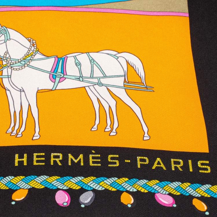 Pre Owned Hermes Beige & Black Coupe de Gala Washed Silk Scarf