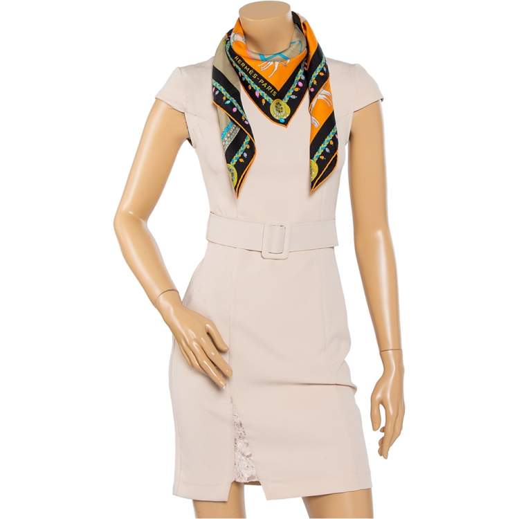 Pre Owned Hermes Beige & Black Coupe de Gala Washed Silk Scarf