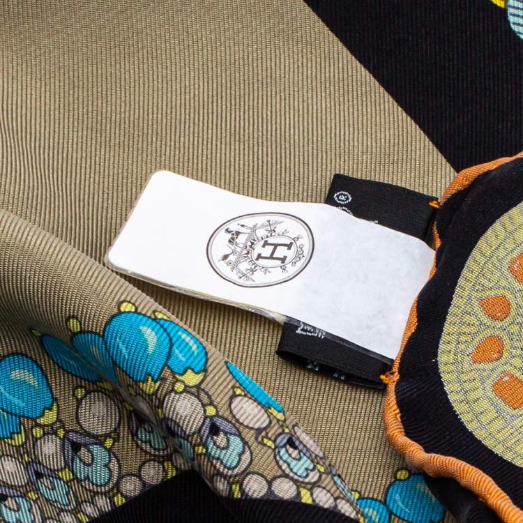Pre Owned Hermes Beige & Black Coupe de Gala Washed Silk Scarf