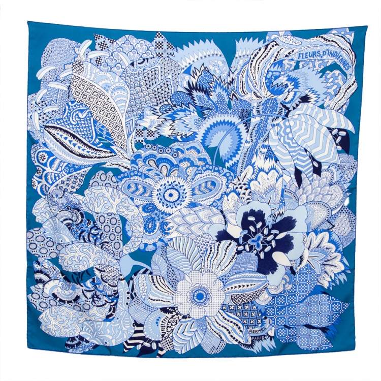 Hermes Fleurs D'indiennes Silk Scarf 90 Blue