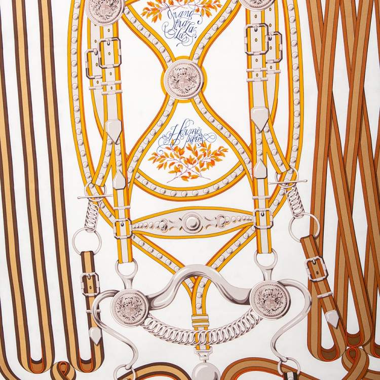 Pre Owned Hermes White Grand Tralala Silk Twill Scarf