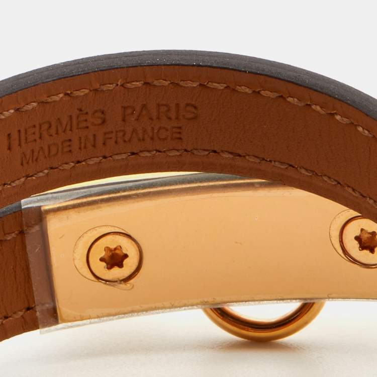 Pre Owned Hermes Rose Pourpre Leather Gold Plated Rivale Double Tour Bracelet T2