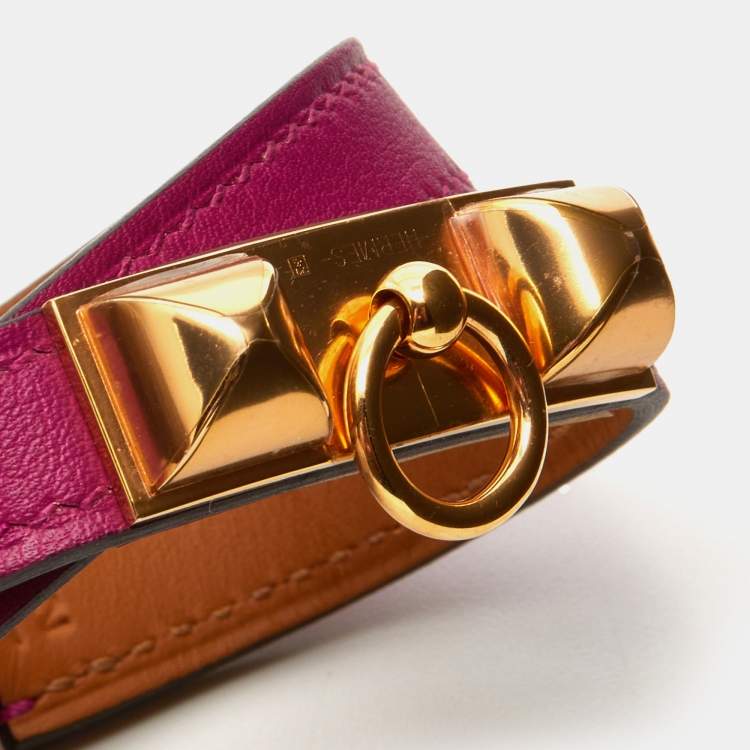 Pre Owned Hermes Rose Pourpre Leather Gold Plated Rivale Double Tour Bracelet T2