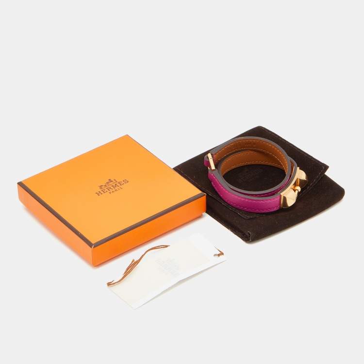Pre Owned Hermes Rose Pourpre Leather Gold Plated Rivale Double Tour Bracelet T2