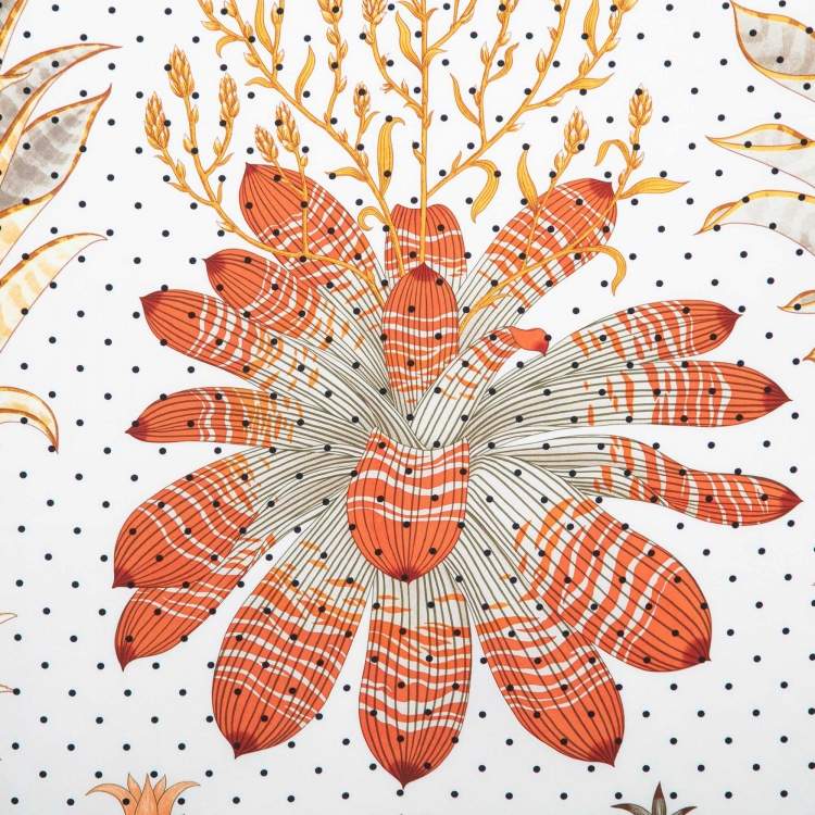 Pre Owned Hermes Orange/White Index Bromeliaceae Print Silk Square Scarf