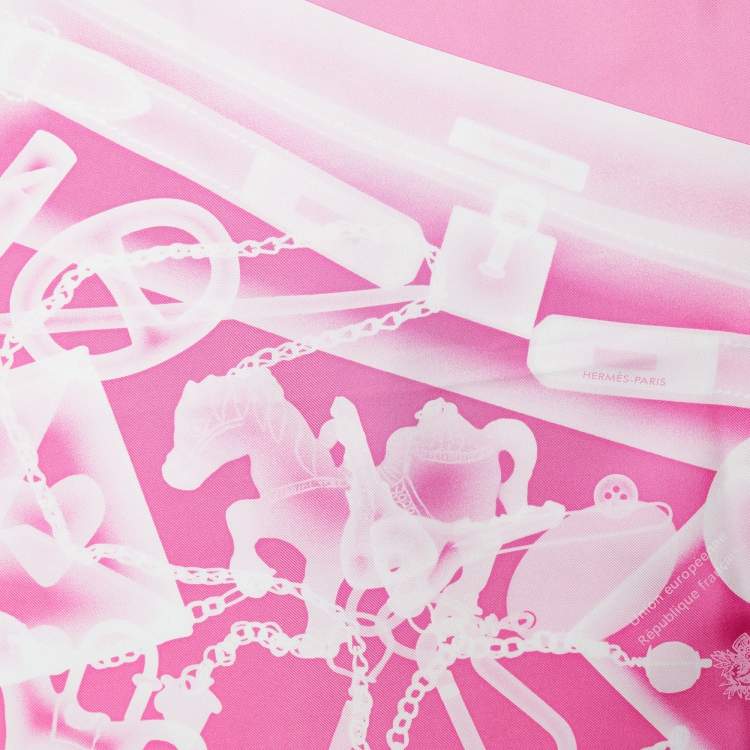 Pre Owned Hermes Pink Please Check In Printed Silk Square Scarf