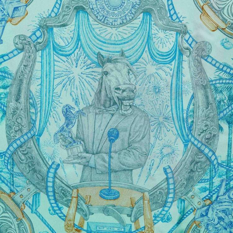 Pre Owned Hermes Light green The Horsawards printed Silk Square Scarf