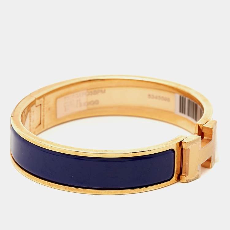 Pre Owned Hermes Clic H Blue Enamel Gold Plated Cuff Bracelet