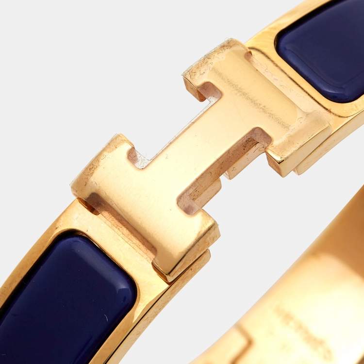 Pre Owned Hermes Clic H Blue Enamel Gold Plated Cuff Bracelet