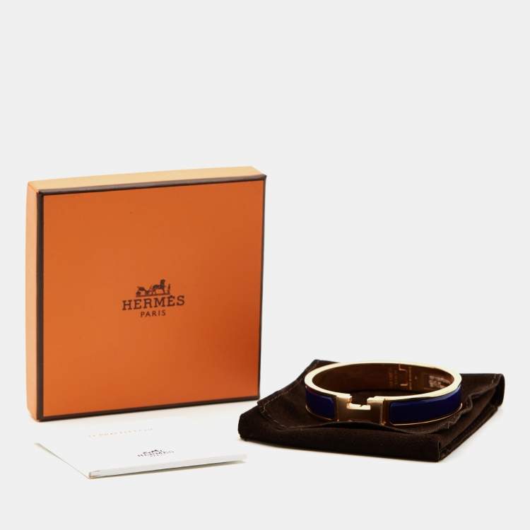 Pre Owned Hermes Clic H Blue Enamel Gold Plated Cuff Bracelet