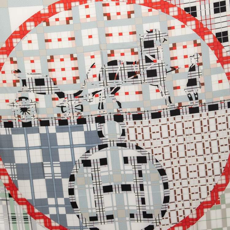 Pre Owned Hermes White/Rouge Ex-Libris a Carreaux Silk Scarf