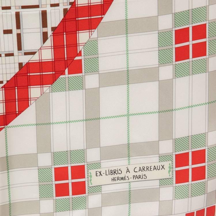 Pre Owned Hermes White/Rouge Ex-Libris a Carreaux Silk Scarf