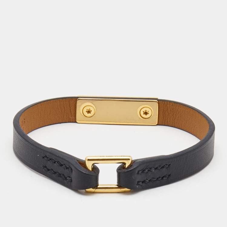 Pre Owned Hermès Micro Rivale Black Leather Gold Plated Bracelet